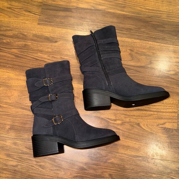 Stylish Gray Suede Mid-Calf Boots with Buckle Straps – Women’s Size 7 - Picture 8 of 9